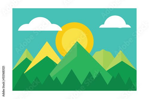 Serene Mountain Vista: A minimalist illustration captures the grandeur of nature, featuring rolling green mountains and a radiant sun, set against a clear sky and fluffy clouds.