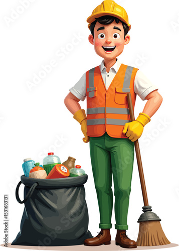 Cartoon character of street cleaner with broom and trash bag for environmental awareness campaign