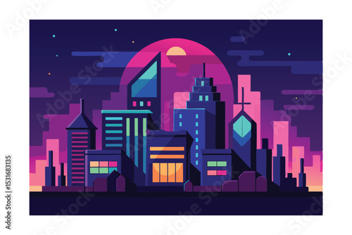 Cityscape at Dusk: A vibrant cityscape illustration set against a backdrop of a breathtaking sunset, a perfect blend of urban architecture and natural beauty.