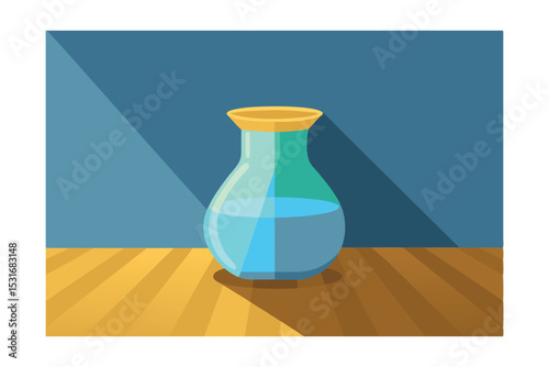 Serene Vase: The transparent vase, filled with calming blue liquid, casts a graceful shadow upon a wooden surface, under a cool blue background.