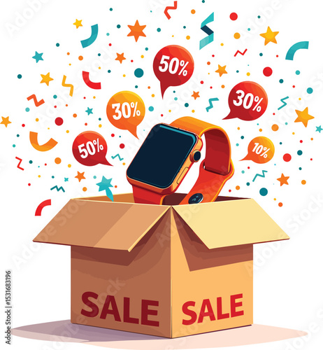 Smartwatch sale promotion with discounts in box for online shopping and special offers event time deals
