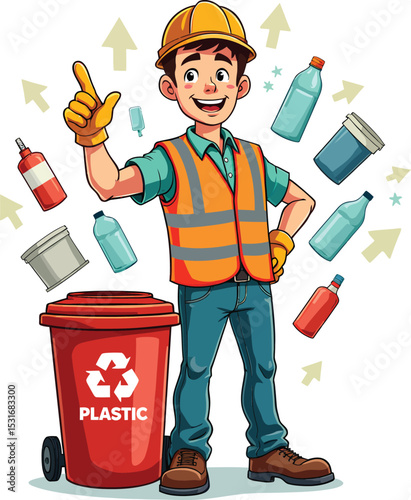 Plastic recycling worker cartoon character promoting eco friendly waste management practices guide tips