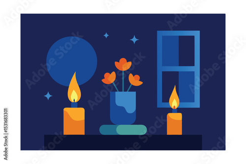 Serene Night Candles, Flowers, and Tranquil Window View