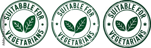 Green Suitable for Vegetarians Stamp – Sticker with Leaves Icon Vector Illustration

