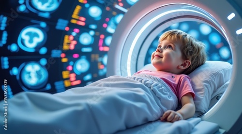 A young child lies inside an MRI scanner, looking calm and curious during a brain imaging procedure.