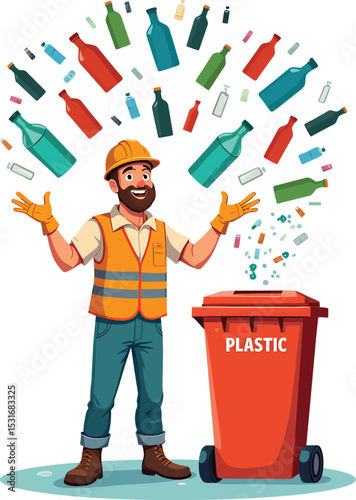 Plastic recycling worker throwing bottles into bin for environmental sustainability project