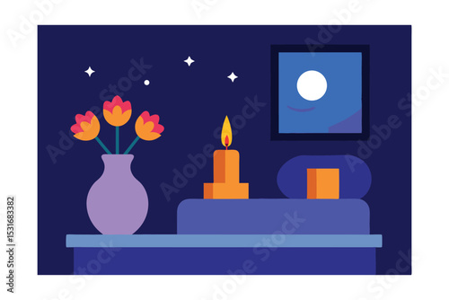 Serene Nighttime Bedroom Scene Moonlit Ambiance with Candles and Flowers