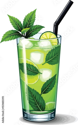 Fresh mojito cocktail drink with mint and lime illustration for summer refreshment and party vibes