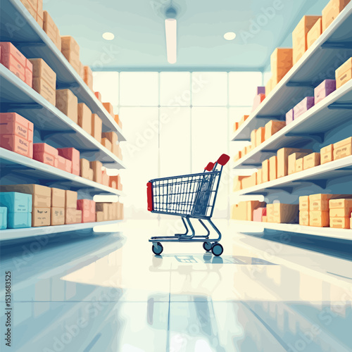 Wholesale shopping cart in aisle with boxes on shelves for retail distribution industry concept
