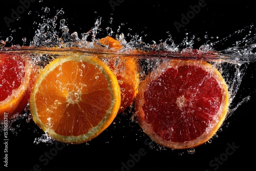Citrus slices in water splash photo