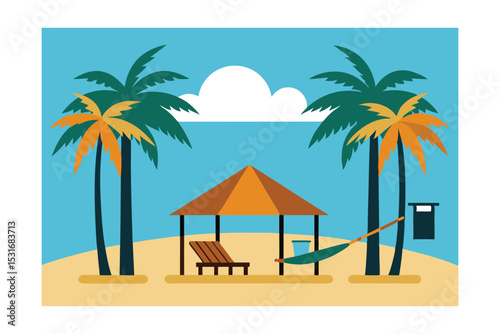 Tropical Beach Paradise Relaxing Hammock and Beach Hut Scene