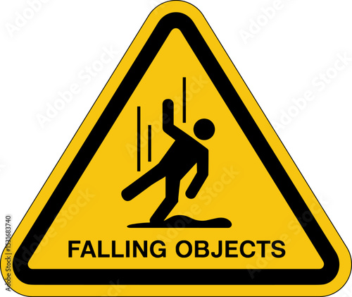 Falling Objects Hazard Sign – Yellow Triangle Warning Symbol, Safety Alert Vector, Workplace Danger, Protective Equipment Required

