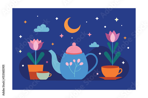 Nighttime Tea Party Serene Floral Teapot Illustration