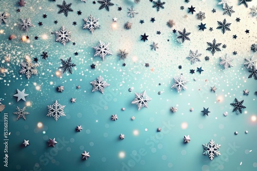 Festive Winter Wonderland Sparkling Snowflakes and Stars on a Shimmering Teal Background