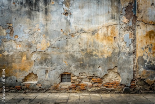 A weathered wall with exposed brickwork, featuring a small window and significant plaster deterioration, creating a rustic backdrop