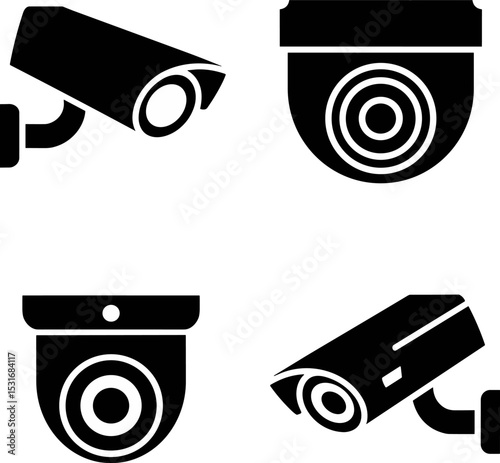 CCTV Camera Icons Set – Vector Surveillance Camera Silhouettes, Security System Symbols, Modern Black and White Monitoring Design

