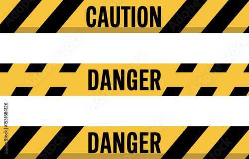 Caution and Danger Tapes – Black and Yellow Striped Warning Tape, Vector Illustration for Safety, Hazard, Construction, and Restricted Area

