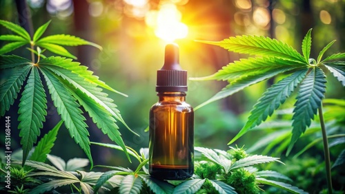Amber bottle of hemp oil amidst lush green cannabis leaves bathed in sunlight