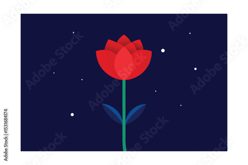 Night Bloom A Red Tulip Under the Stars - Minimalist Flower Illustration