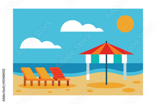 Sunny Beach Scene Relaxing Vacation Vibes, Beach Chairs and Umbrella