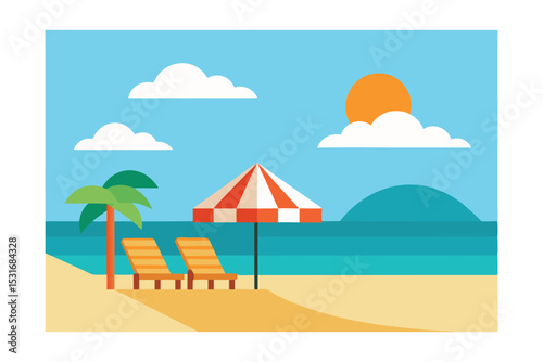 Sunny Beach Escape Relaxing Tropical Vacation Scene Illustration
