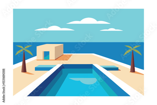 Oceanfront Poolside Paradise Minimalist Beach House Illustration
