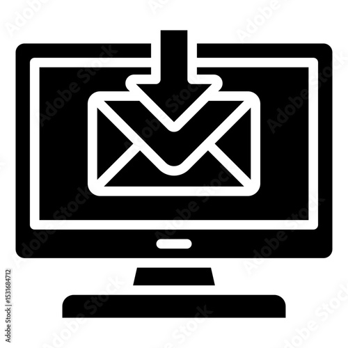 Email Received - Glyph Black Fill Silhouette icon - Email inside desktop screen, representing message retrieval or digital mailbox