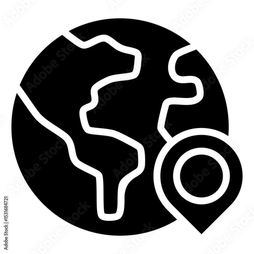 Global Location - Glyph Black Fill Silhouette icon - Globe with location pin, symbolizing international or regional office locations