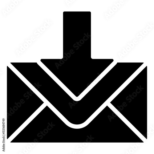 Inbox - Glyph Black Fill Silhouette icon - Envelope with downward arrow, indicating message receipt or inbox download
