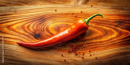 A vibrant red chili pepper rests on a richly textured wooden surface, accented by a scattering of colorful peppercorns.