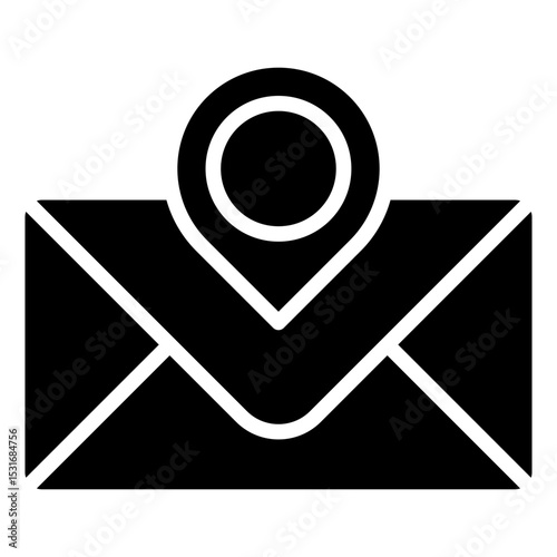 Mail Location - Glyph Black Fill Silhouette icon - Envelope with location pin, symbolizing physical mailing address