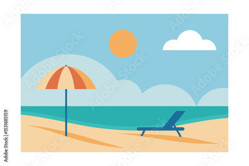 Minimalist Beach Scene with Sun Loungers and Umbrella Vector Illustration