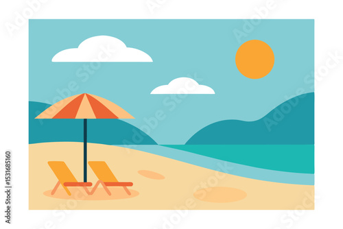 Minimalist Beach Scene with Sun Loungers and Umbrella Vector Illustration