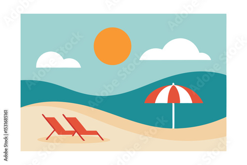 Minimalist Beach Scene with Sun Loungers and Umbrella Vector Illustration