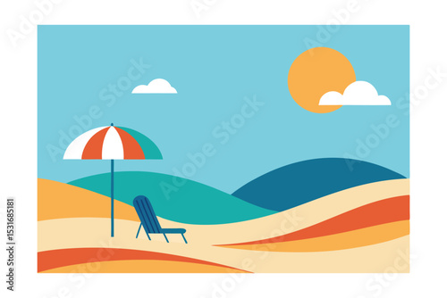 Minimalist Beach Scene with Sun Loungers and Umbrella Vector Illustration