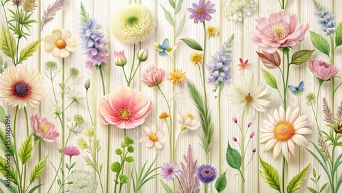 A Delicate Arrangement of Pastel Blossoms and Verdant Foliage on a Light Wooden Background