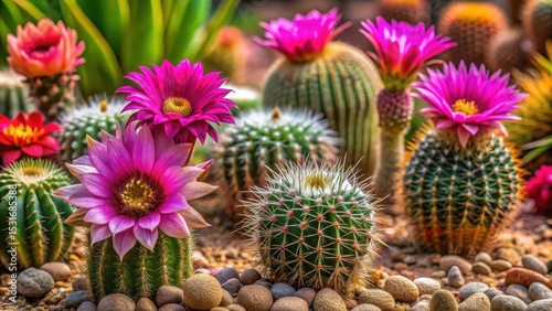 Vibrant pink cactus blossoms amidst a collection of diverse succulents and smooth stones, creating a stunning desert floral arrangement