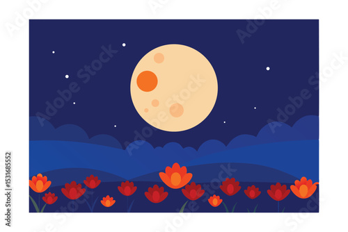 Full Moon Over Vast Flower Field Vector Illustration