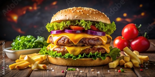 Juicy Double Cheeseburger with Melted Cheese, Lettuce, Tomato, and Red Onion on a Sesame Seed Bun Served with Crispy French Fries