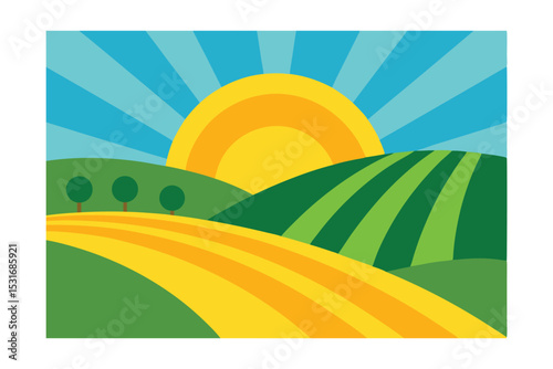 Fields and Rolling Hills with Sun Rays Landscape Vector Illustration