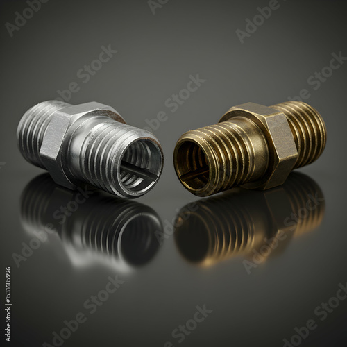 Close up of two metal fittings with threaded ends and hexagonal bodies on a reflective surface