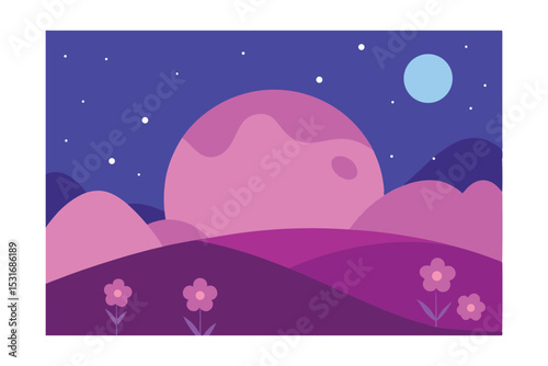 Dreamy Hills Covered in Wildflowers under Magical Sky