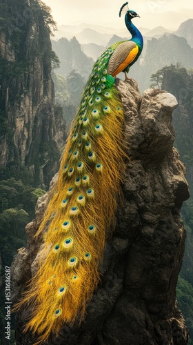 Majestic peacock perched atop a craggy mountain peak, vibrant plumage against a misty landscape