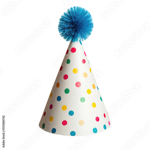 Party hat with colorful polka dots and a blue pom-pom.