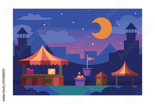 Cartoon Magical Market Illustration at Twilight 