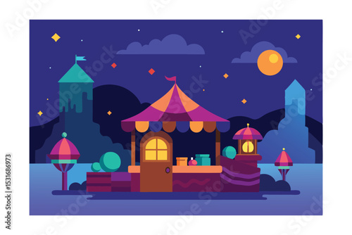 Cartoon Magical Market Illustration at Twilight 