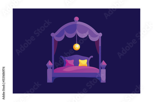 Cartoon Magical Bed Illustration in Purple Shades
