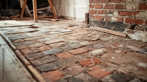 A brick floor with a wooden frame