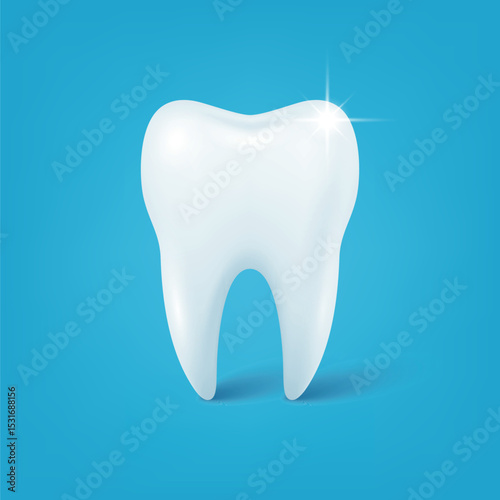 Vector Realistic White Tooth on Blue Background. 3d Clean Healthy Molar Icon for Dental Care, Dentist Clinic, Oral Hygiene, Teeth Whitening or Stomatology Poster Template