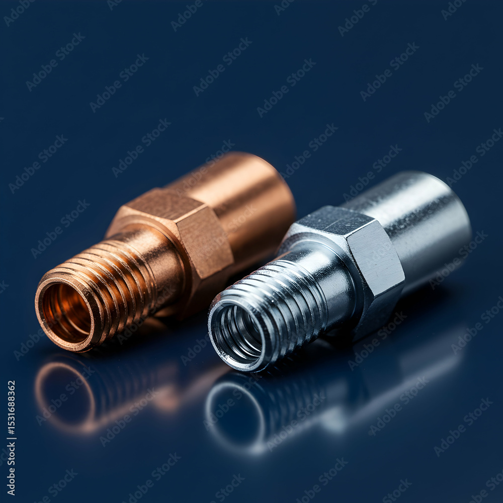 Close up shot of two metallic fittings one copper and one silver on a dark blue background surface Close up shot of two metallic fittings one copper and one silver on a dark blue background surface